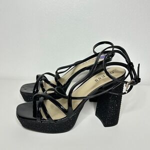 Guess Women's Strappy Black Rhinestone Block Heel Sandals Size 8.5